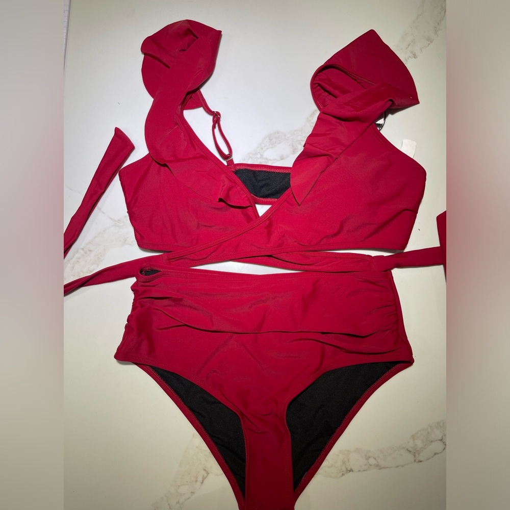 Al'MAGE Women High Waisted 2 piece Bikini, Tummy Control, Dark Red Size M - Picture 10 of 14